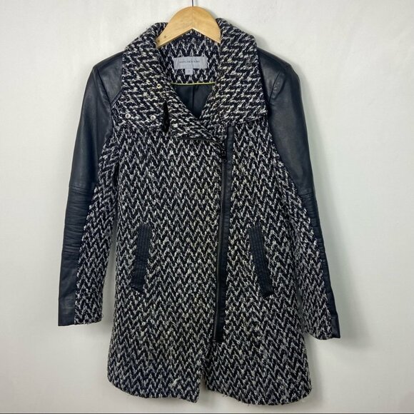 Marc New York Andrew Marc Tweed‎ Jacket Black Faux Leather Coat Size 2 Chevron - Picture 6 of 15